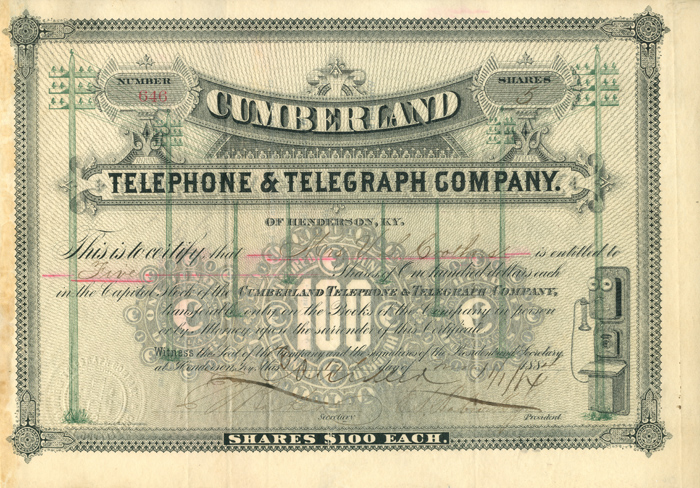 Cumberland Telephone and Telegraph Co. of Henderson, Kentucky - Stock Certificate